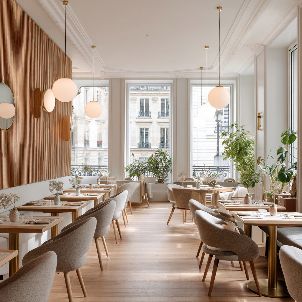 Restaurant Suffren Tables banquettes chaises Panneaux acoustiques muraux